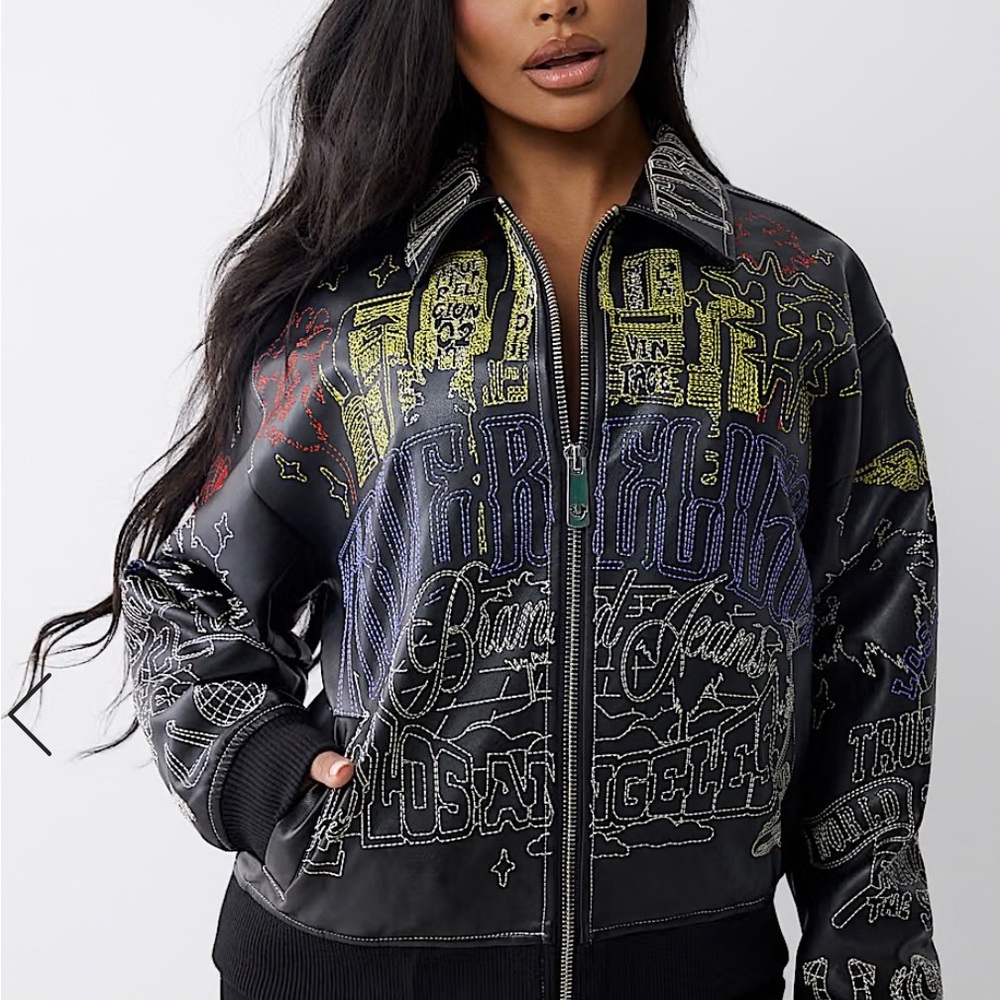 True Religion Embroidered Faux Leather Jacket Size “M”NWT in bag MSRP $234